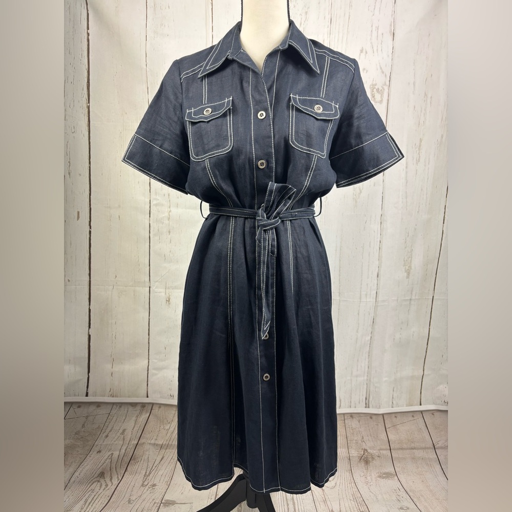 Linen Dress Button Up Navy White Stitching Belted - Picture 9 of 9